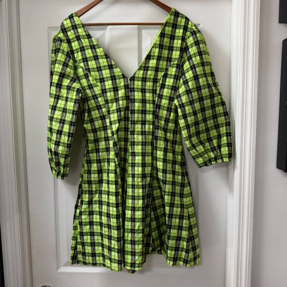 CIDER Women's Black/Lime Neon Plaid V-Neck Half Sleeve Mini Dress Size Large NWT - Picture 2 of 10